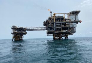 Offshore production platform and bridge-linked wellhead platform with flare